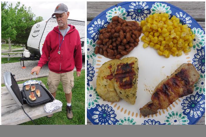 Grilled Pork Loin with Corn, Baked Beans and Garlic Bread