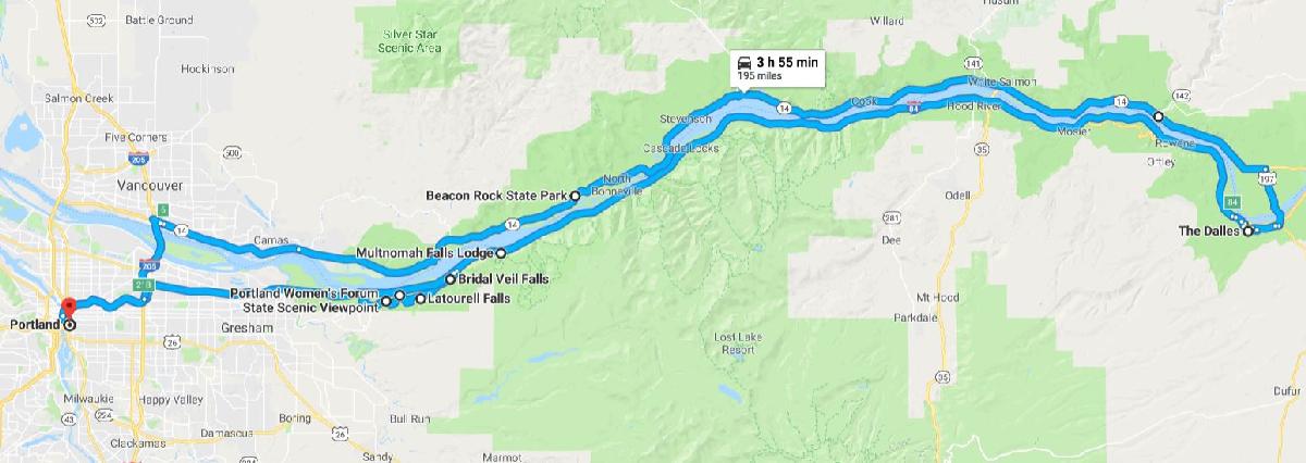 Route for Round Trip Historic Columbia River Highway from Portland