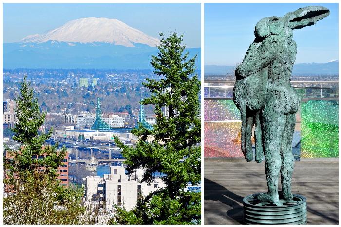 View from OHSU Upper Rooftop Terrace (L) & Standing Lady Hare with Dog (R)
