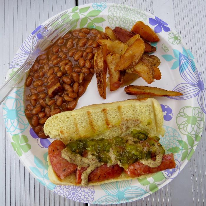 Grilled Sausages with Fries and Baked Beans