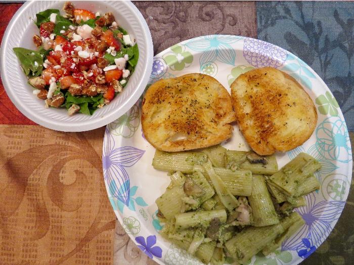 Chicken and Mushroom Pesto Rigatoni with Spinach Salad and Garlic Bread