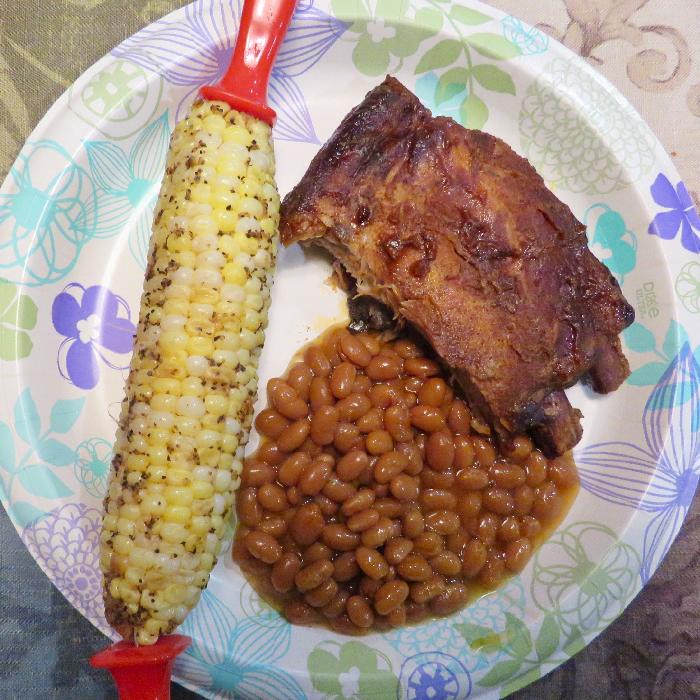 Crockpot Ribs with Baked Beans and Corn on the Cob