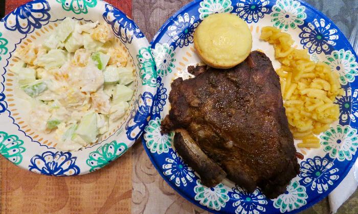 Crockpot Ribs with Macaroni and Cheese, Fruit Salad and Cornbread Muffins