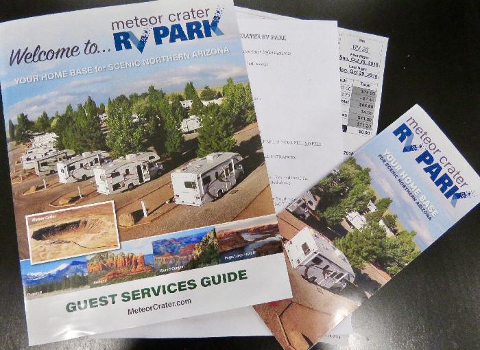 Guest Services Guide Received at Meteor Crater RV Park Check-in