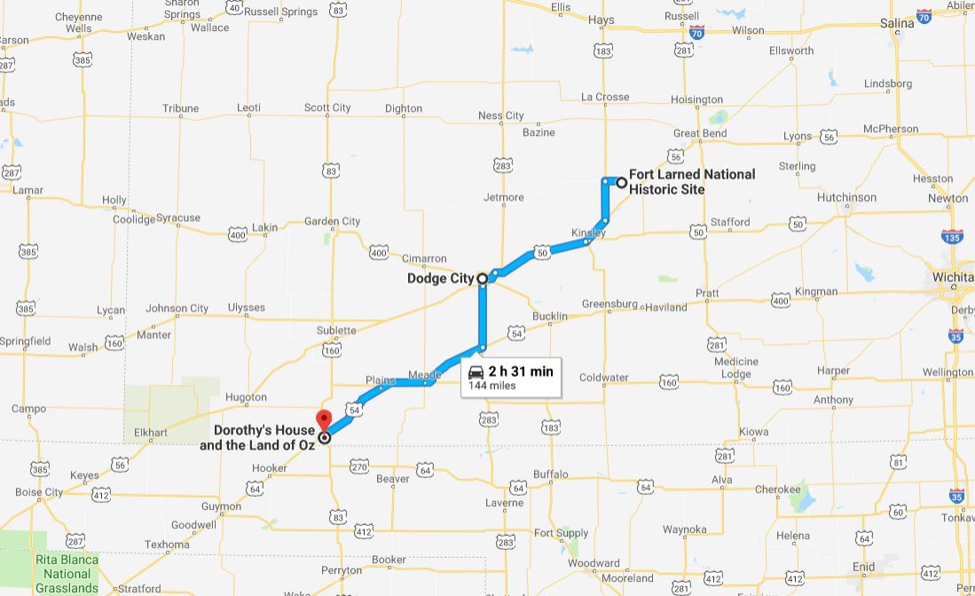 Route from Fort Larned, Kansas through Dodge City to Liberal, Kansas