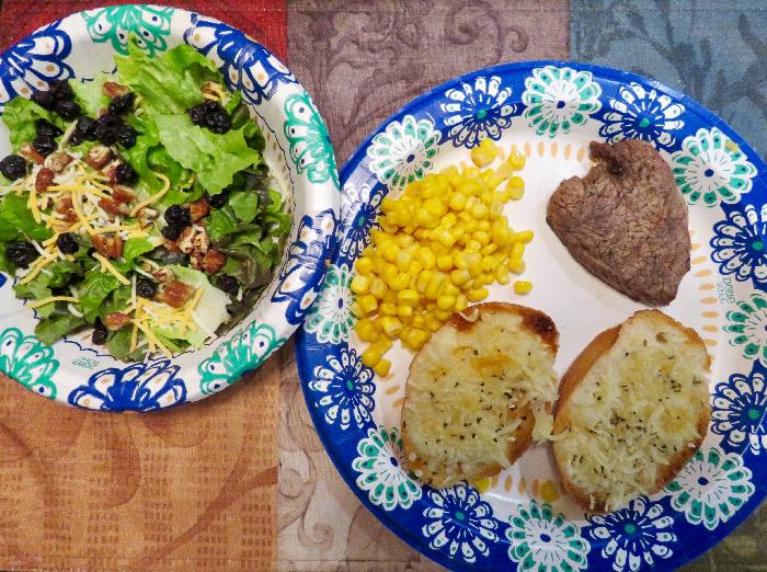 Steak with Corn, Garlic Bread and Dinner Salad