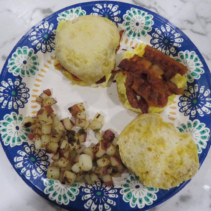 Bacon, Egg and Cheese Biscuits with Breakfast Potatoes