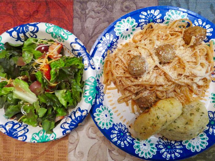 Spaghetti and Meatballs with Side Salad and Pull-Apart Garlic Loaves