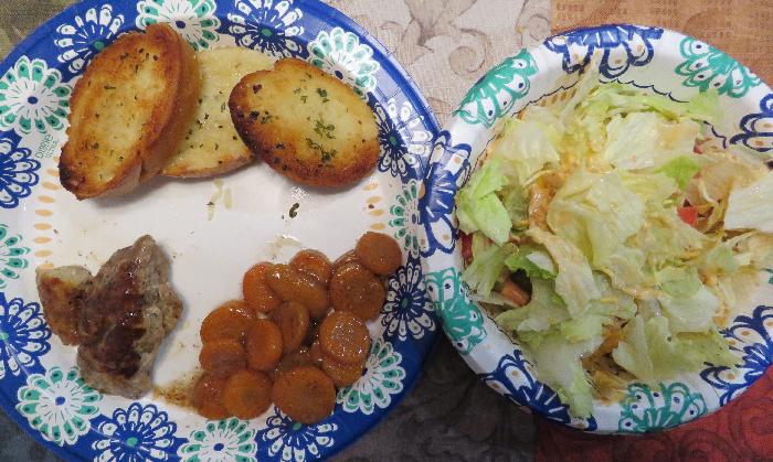Grilled Pork with Cinnamon Glazed Carrots, Dinner Salad and Garlic Bread