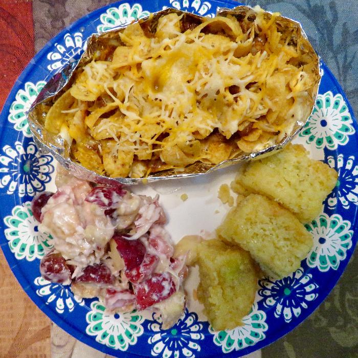 Frito Pie with Fruit Salad and Cornbread