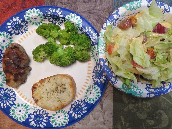 Grilled Pork Loin with Steamed Broccoli, Side Salad and Cheesy Garlic Bread