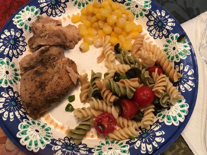 Crockpot Chicken Thighs with Hominy and Pasta Salad