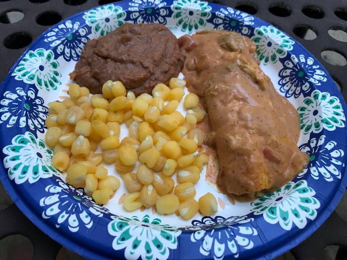 Chicken & Cheese Enchiladas with Hominy and Refried Beans