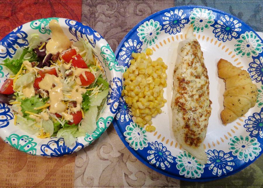 Parmesan Crusted Tilapia with Corn, Garlic Crescent Rolls and Side Salad