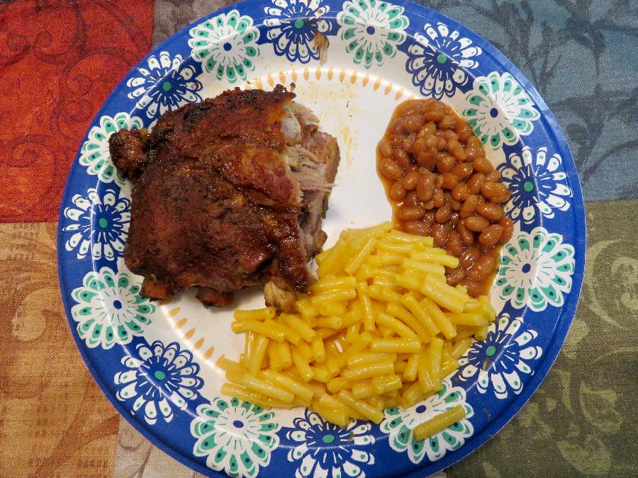 Crockpot Ribs with Macaroni & Cheese and Baked Beans