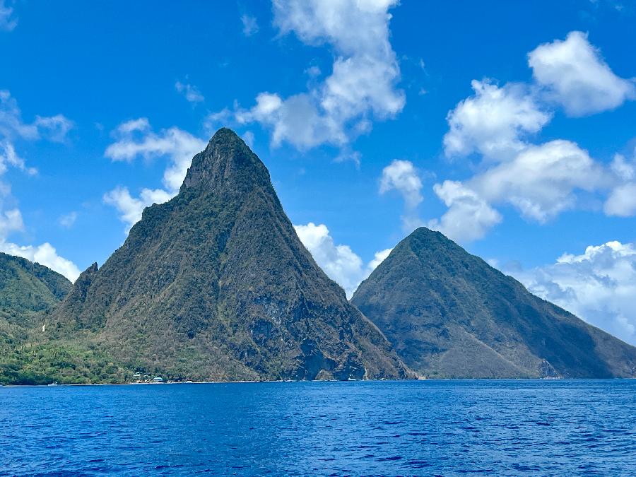 Sailing by Gros Piton and Petit Piton in St. Lucia