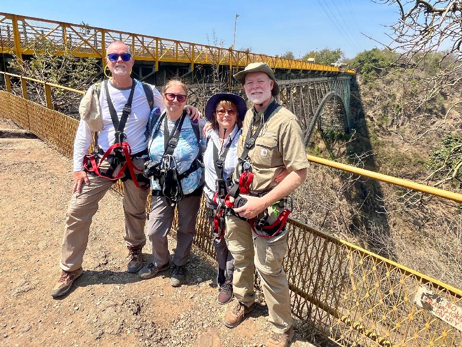 At Victoria Falls Bridge donning our Safety Harnesses!