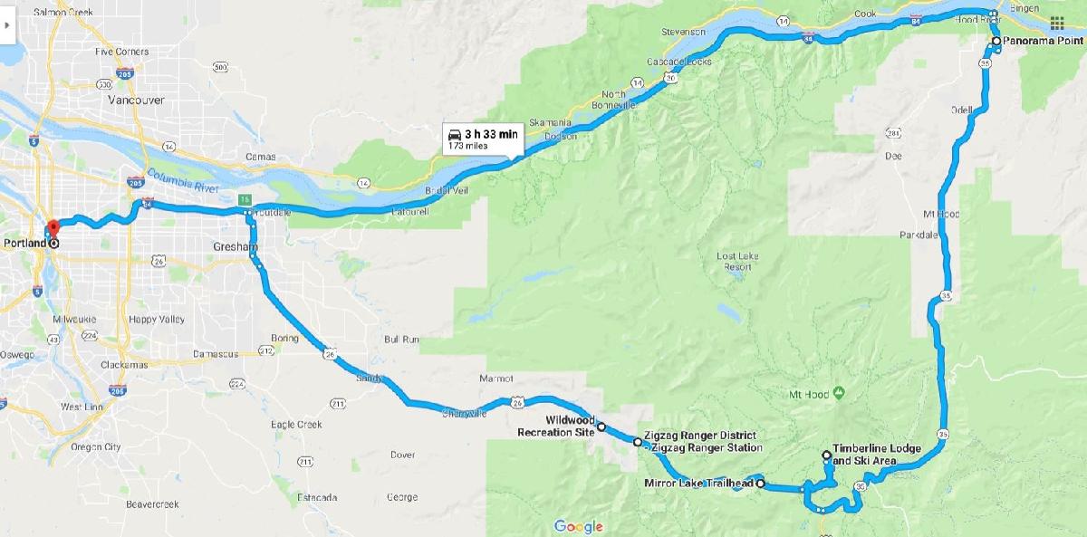Route for Round Trip Mount Hood Scenic Byway from Portland