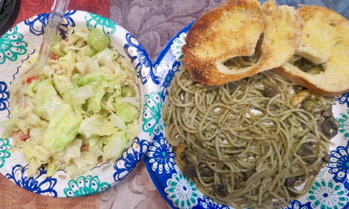 Shrimp and Mushroom Pesto Pasta with Dinner Salad and Garlic Bread