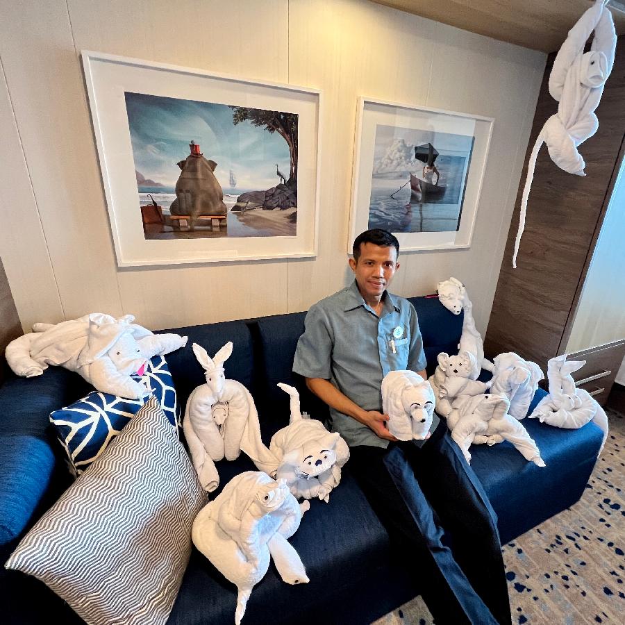 Our Menagerie of Towel Animals Courtesy of our Cabin Steward